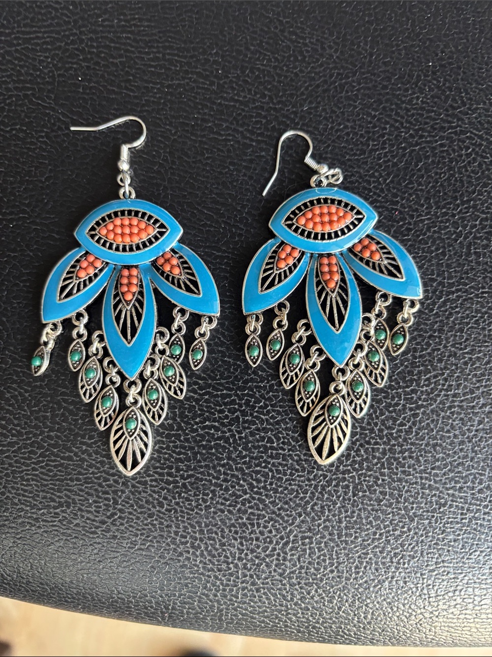 Turquoise and Coral Boho Filigree Dangle Earrings - Women Jewelry
